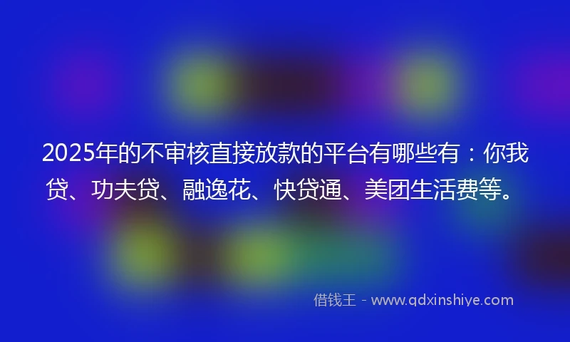 2025年的不审核直接放款的平台有哪些有：你我贷、功夫贷、融逸花、快贷通、美团生活费等。
