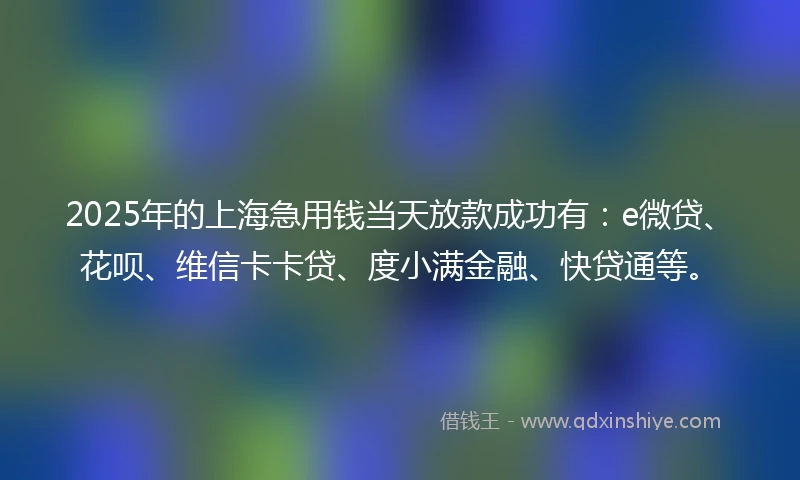 2025年的上海急用钱当天放款成功有：e微贷、花呗、维信卡卡贷、度小满金融、快贷通等。