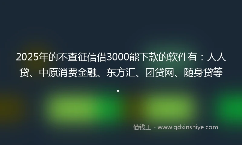 2025年的不查征信借3000能下款的软件有：人人贷、中原消费金融、东方汇、团贷网、随身贷等。