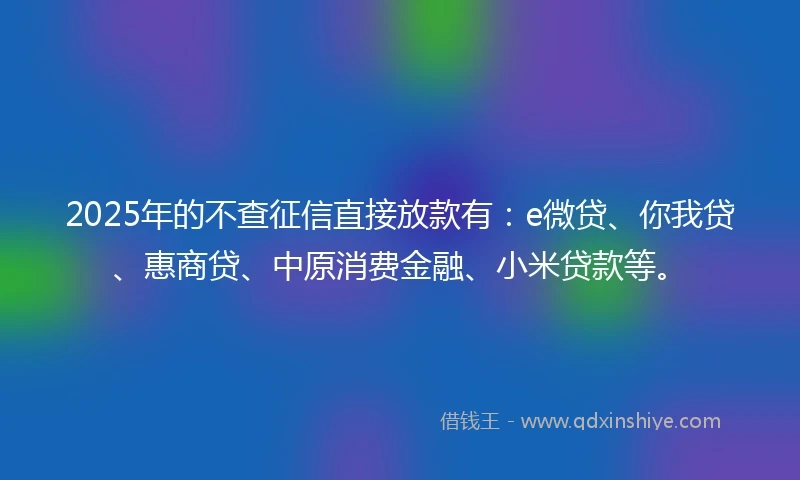 2025年的不查征信直接放款有：e微贷、你我贷、惠商贷、中原消费金融、小米贷款等。