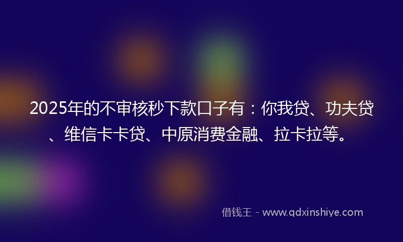 2025年的不审核秒下款口子有:你我贷、功夫贷、维信卡卡贷、中原消费金融、拉卡拉等。