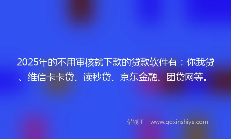 2025年的不用审核就下款的贷款软件有：你我贷、维信卡卡贷、读秒贷、京东金融、团贷网等。