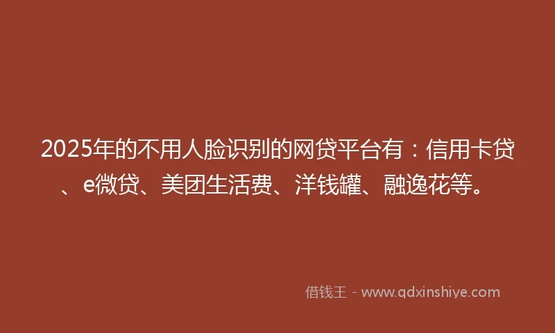 2025年的不用人脸识别的网贷平台有：信用卡贷、e微贷、美团生活费、洋钱罐、融逸花等。