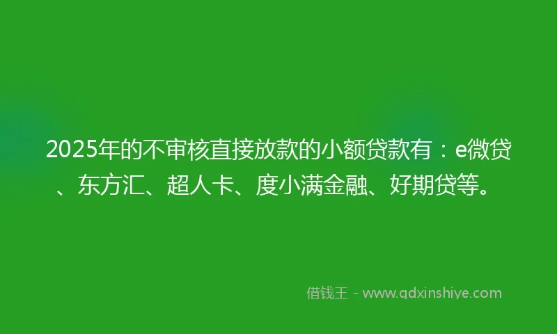 2025年的不审核直接放款的小额贷款有：e微贷、东方汇、超人卡、度小满金融、好期贷等。