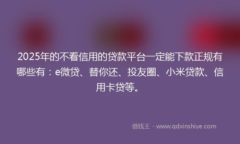 2025年的不看信用的贷款平台一定能下款正规有哪些有：e微贷、替你还、投友圈、小米贷款、信用卡贷等。