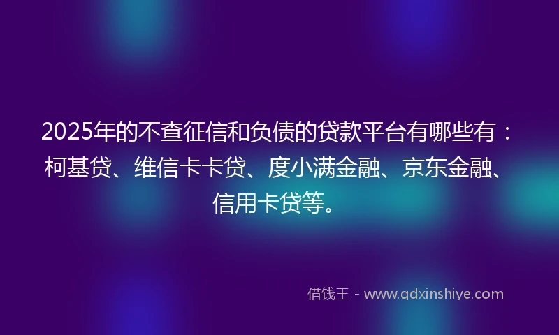 2025年的不查征信和负债的贷款平台有哪些有：柯基贷、维信卡卡贷、度小满金融、京东金融、信用卡贷等。