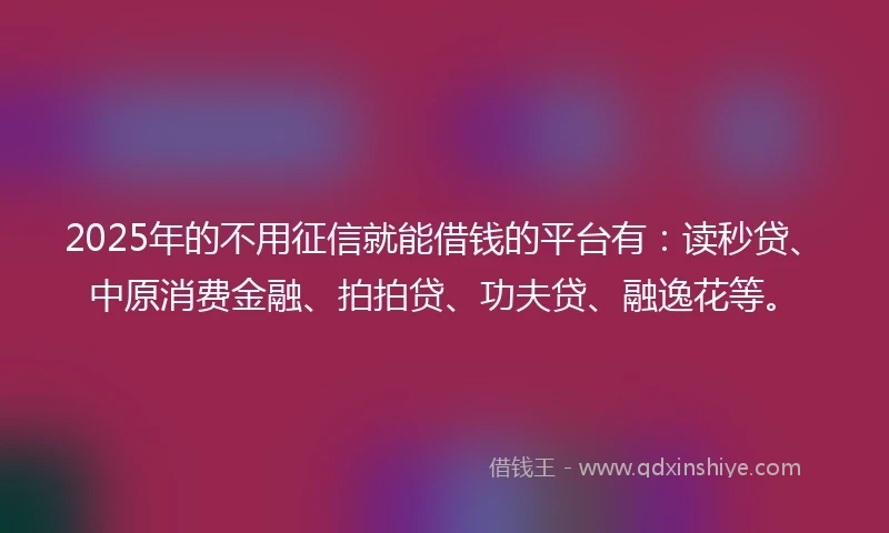 2025年的不用征信就能借钱的平台有：读秒贷、中原消费金融、拍拍贷、功夫贷、融逸花等。