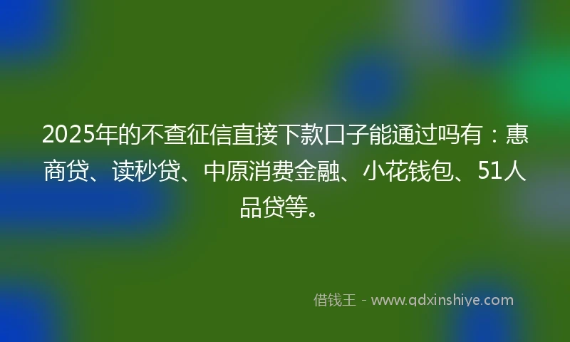 2025年的不查征信直接下款口子能通过吗有：惠商贷、读秒贷、中原消费金融、小花钱包、51人品贷等。