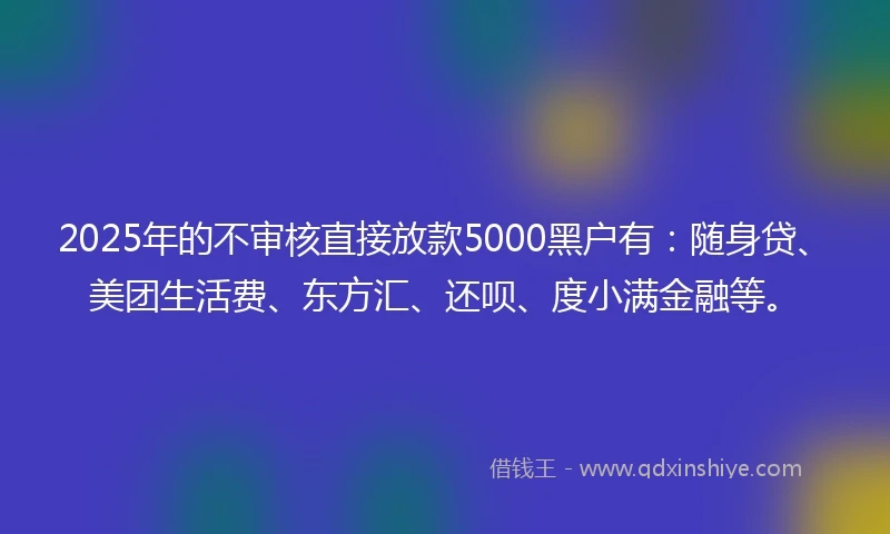 2025年的不审核直接放款5000黑户有：随身贷、美团生活费、东方汇、还呗、度小满金融等。
