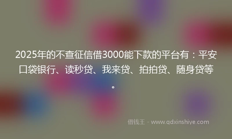 2025年的不查征信借3000能下款的平台有：平安口袋银行、读秒贷、我来贷、拍拍贷、随身贷等。