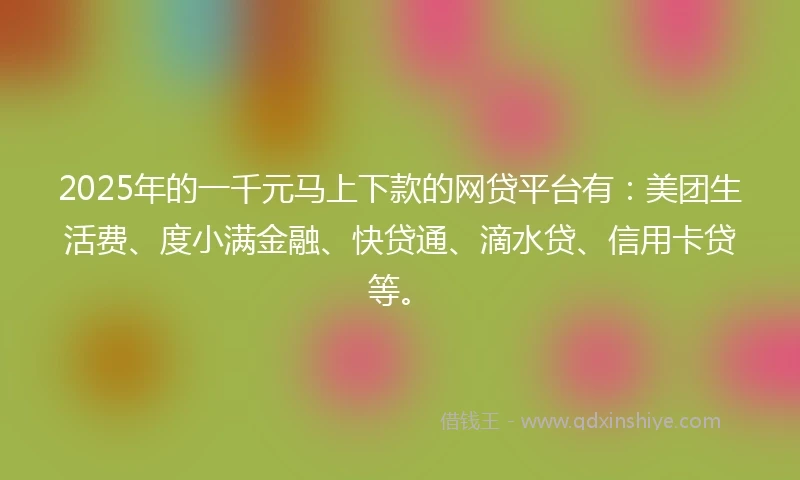 2025年的一千元马上下款的网贷平台有：美团生活费、度小满金融、快贷通、滴水贷、信用卡贷等。