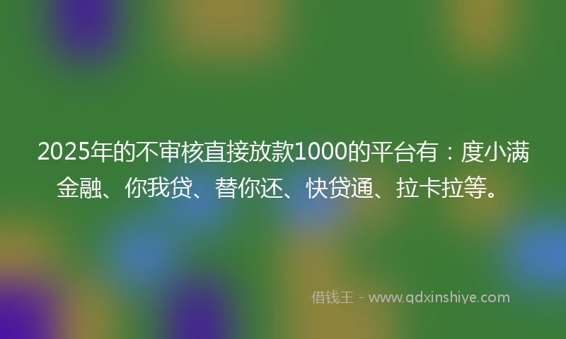 2025年的不审核直接放款1000的平台有：度小满金融、你我贷、替你还、快贷通、拉卡拉等。