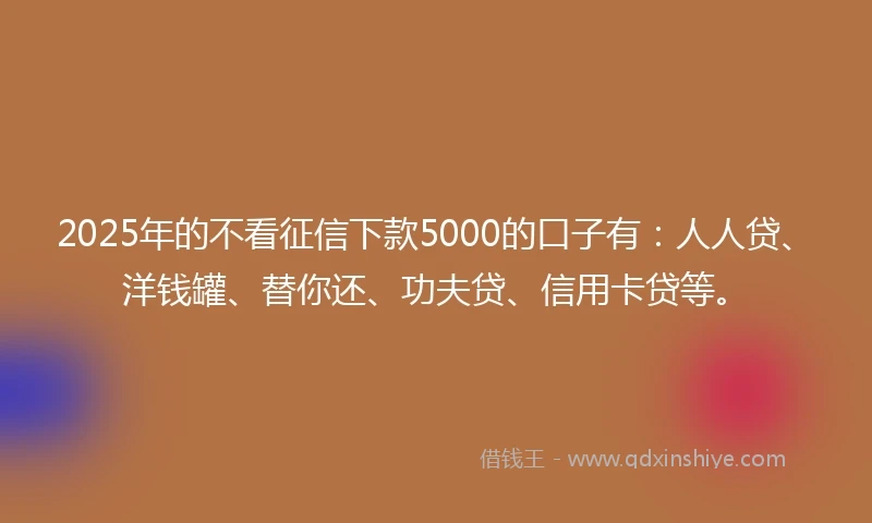 2025年的不看征信下款5000的口子有：人人贷、洋钱罐、替你还、功夫贷、信用卡贷等。