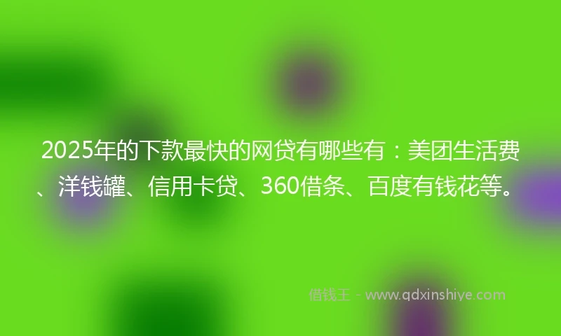 2025年的下款最快的网贷有哪些有：美团生活费、洋钱罐、信用卡贷、360借条、百度有钱花等。