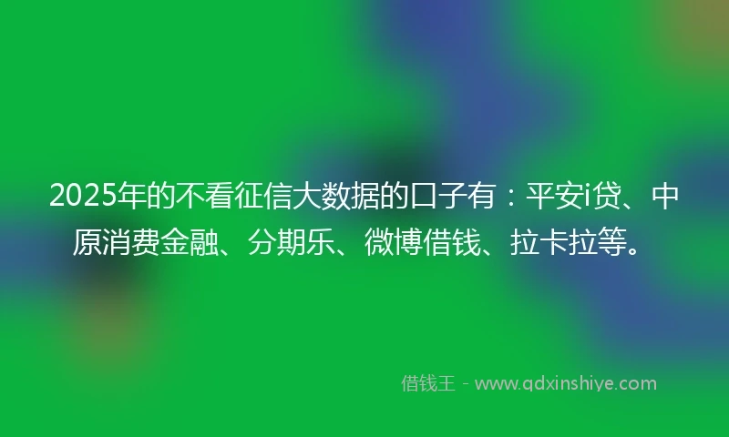 2025年的不看征信大数据的口子有：平安i贷、中原消费金融、分期乐、微博借钱、拉卡拉等。