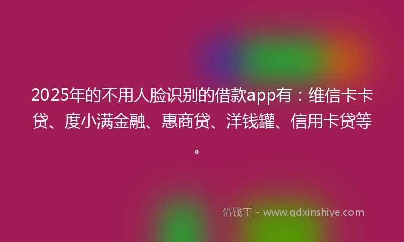 2025年的不用人脸识别的借款app有：维信卡卡贷、度小满金融、惠商贷、洋钱罐、信用卡贷等。
