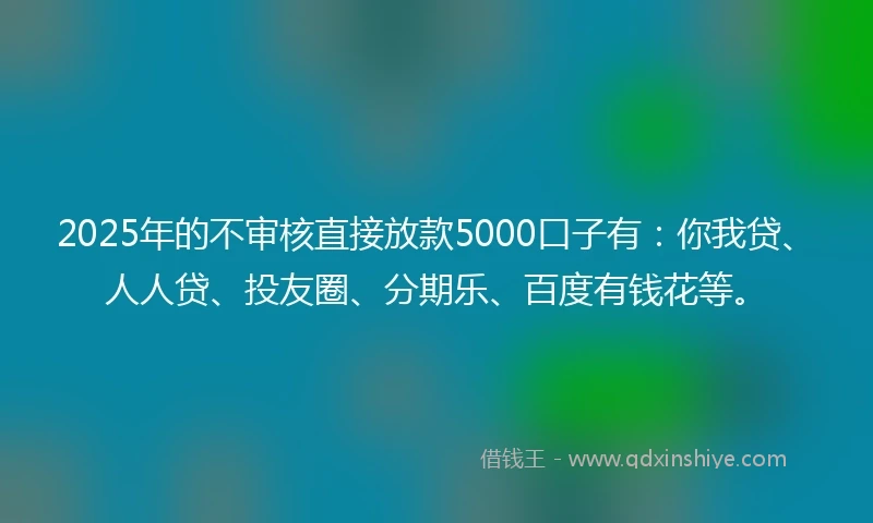 2025年的不审核直接放款5000口子有：你我贷、人人贷、投友圈、分期乐、百度有钱花等。