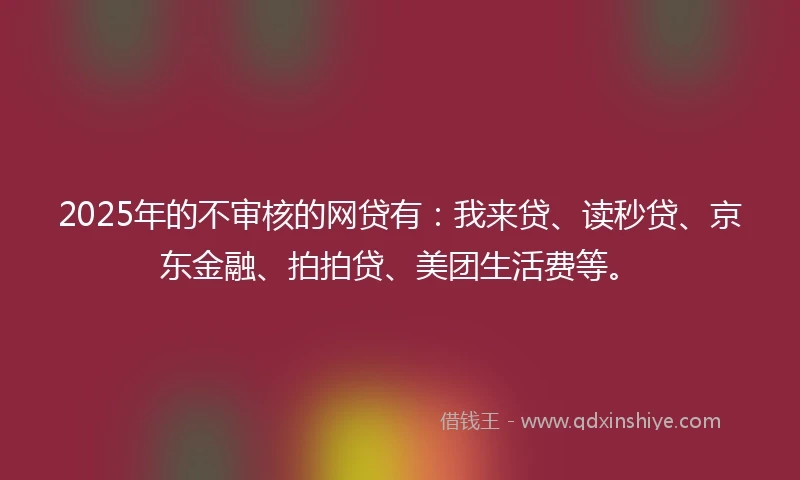 2025年的不审核的网贷有:我来贷、读秒贷、京东金融、拍拍贷、美团生活费等。