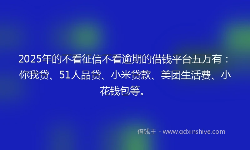 2025年的不看征信不看逾期的借钱平台五万有：你我贷、51人品贷、小米贷款、美团生活费、小花钱包等。