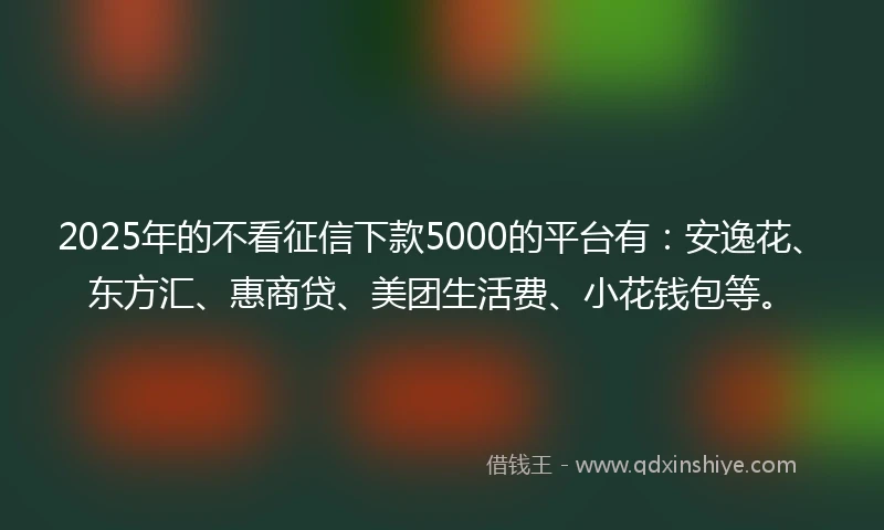 2025年的不看征信下款5000的平台有：安逸花、东方汇、惠商贷、美团生活费、小花钱包等。