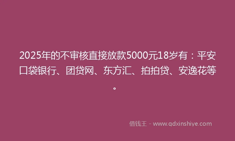 2025年的不审核直接放款5000元18岁有：平安口袋银行、团贷网、东方汇、拍拍贷、安逸花等。