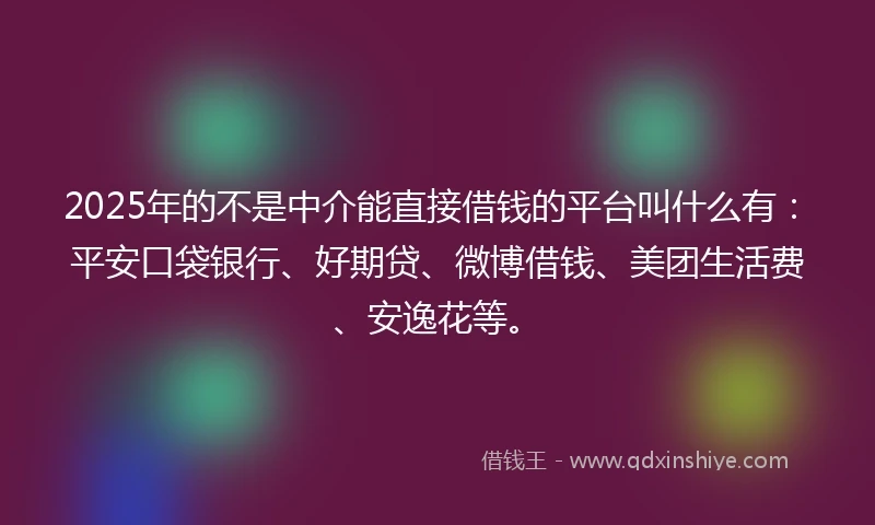 2025年的不是中介能直接借钱的平台叫什么有：平安口袋银行、好期贷、微博借钱、美团生活费、安逸花等。