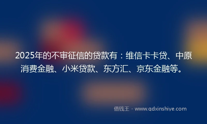 2025年的不审征信的贷款有：维信卡卡贷、中原消费金融、小米贷款、东方汇、京东金融等。