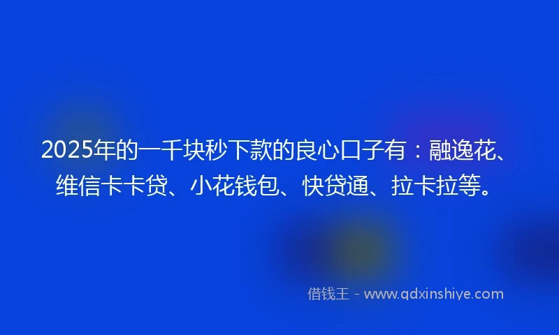 2025年的一千块秒下款的良心口子有：融逸花、维信卡卡贷、小花钱包、快贷通、拉卡拉等。