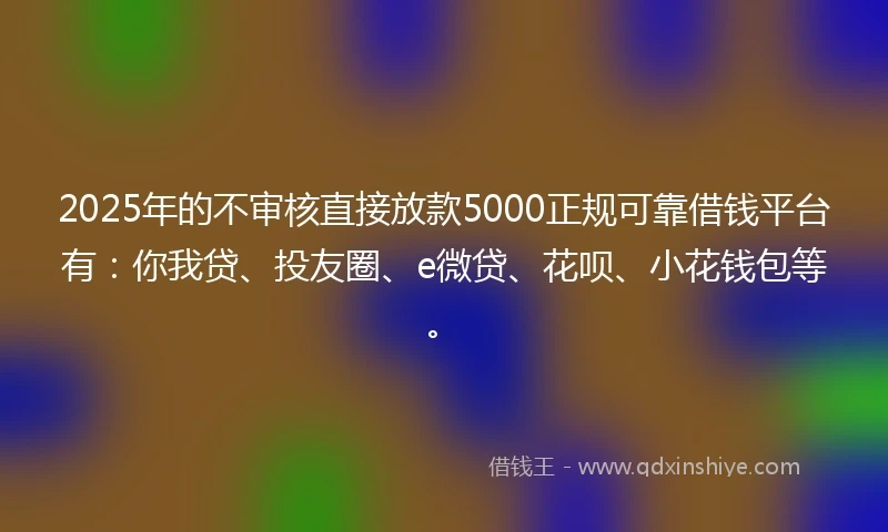 2025年的不审核直接放款5000正规可靠借钱平台有：你我贷、投友圈、e微贷、花呗、小花钱包等。