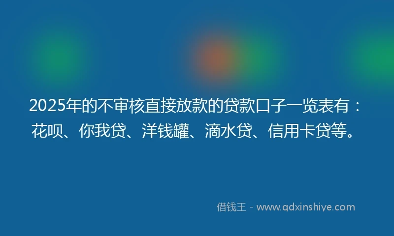 2025年的不审核直接放款的贷款口子一览表有：花呗、你我贷、洋钱罐、滴水贷、信用卡贷等。