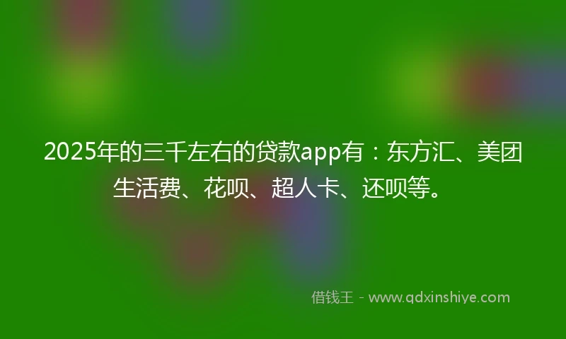 2025年的三千左右的贷款app有：东方汇、美团生活费、花呗、超人卡、还呗等。
