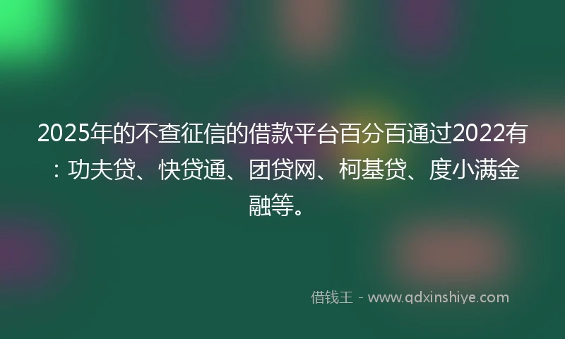 2025年的不查征信的借款平台百分百通过2022有：功夫贷、快贷通、团贷网、柯基贷、度小满金融等。