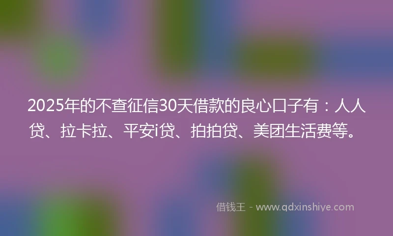 2025年的不查征信30天借款的良心口子有：人人贷、拉卡拉、平安i贷、拍拍贷、美团生活费等。