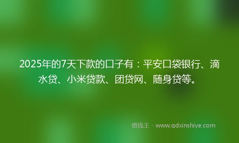 2025年的7天下款的口子有：平安口袋银行、滴水贷、小米贷款、团贷网、随身贷等。