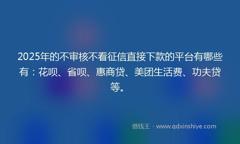 2025年的不审核不看征信直接下款的平台有哪些有：花呗、省呗、惠商贷、美团生活费、功夫贷等。