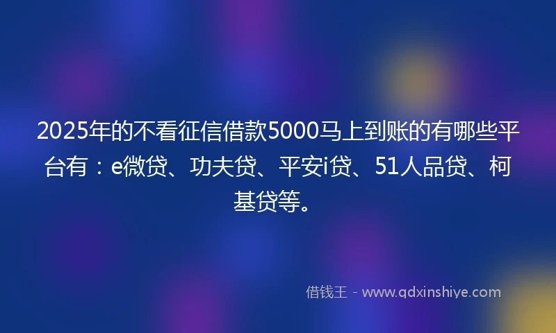 2025年的不看征信借款5000马上到账的有哪些平台有：e微贷、功夫贷、平安i贷、51人品贷、柯基贷等。