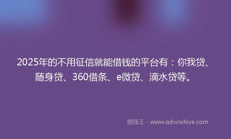 2025年的不用征信就能借钱的平台有：你我贷、随身贷、360借条、e微贷、滴水贷等。
