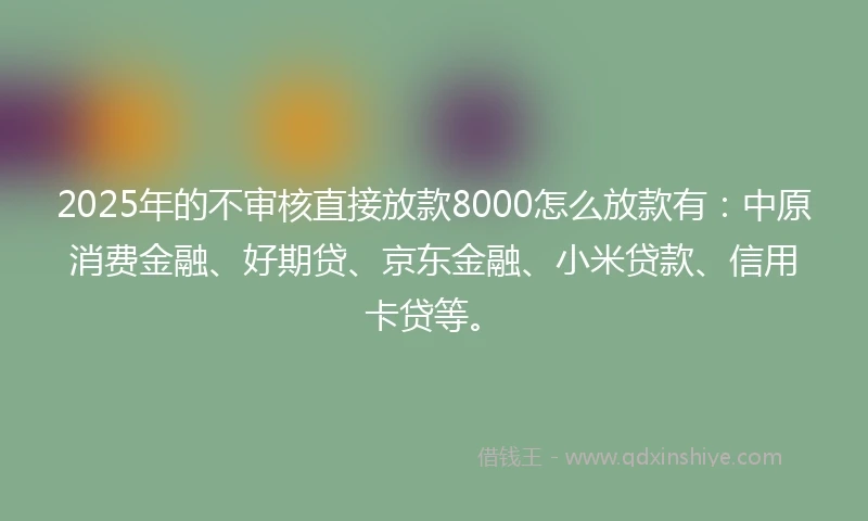 2025年的不审核直接放款8000怎么放款有：中原消费金融、好期贷、京东金融、小米贷款、信用卡贷等。