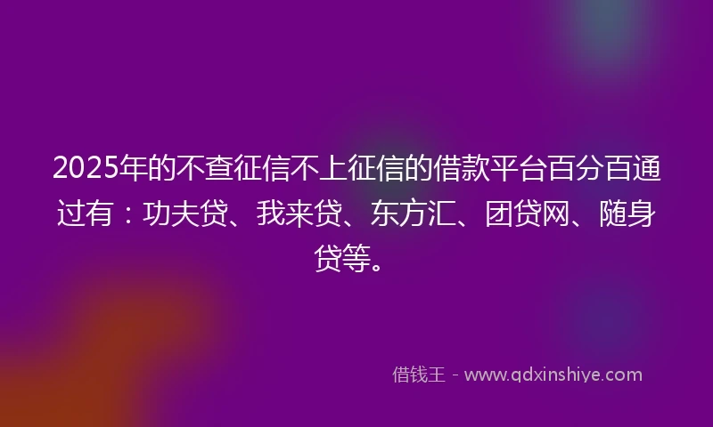 2025年的不查征信不上征信的借款平台百分百通过有:功夫贷、我来贷、东方汇、团贷网、随身贷等。