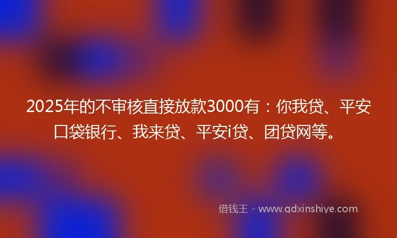 2025年的不审核直接放款3000有：你我贷、平安口袋银行、我来贷、平安i贷、团贷网等。