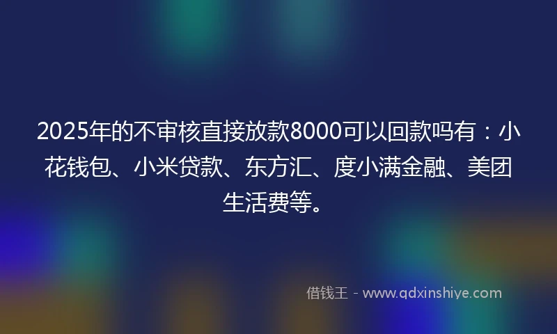 2025年的不审核直接放款8000可以回款吗有：小花钱包、小米贷款、东方汇、度小满金融、美团生活费等。