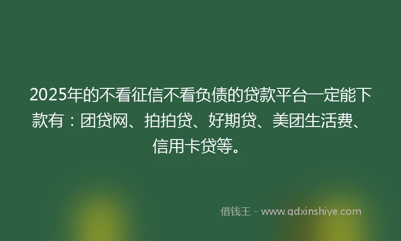 2025年的不看征信不看负债的贷款平台一定能下款有：团贷网、拍拍贷、好期贷、美团生活费、信用卡贷等。