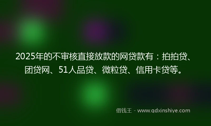 2025年的不审核直接放款的网贷款有：拍拍贷、团贷网、51人品贷、微粒贷、信用卡贷等。