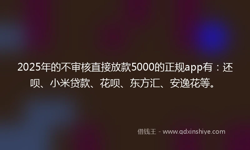 2025年的不审核直接放款5000的正规app有：还呗、小米贷款、花呗、东方汇、安逸花等。