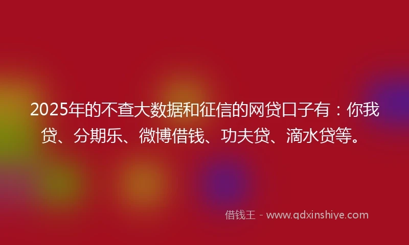 2025年的不查大数据和征信的网贷口子有：你我贷、分期乐、微博借钱、功夫贷、滴水贷等。