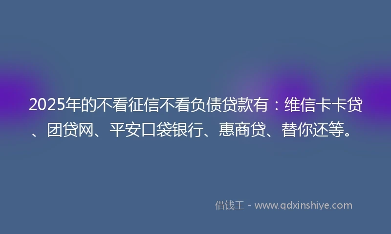 2025年的不看征信不看负债贷款有：维信卡卡贷、团贷网、平安口袋银行、惠商贷、替你还等。