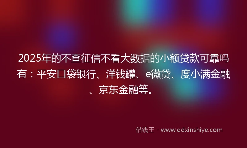 2025年的不查征信不看大数据的小额贷款可靠吗有：平安口袋银行、洋钱罐、e微贷、度小满金融、京东金融等。