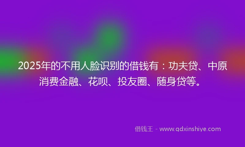2025年的不用人脸识别的借钱有：功夫贷、中原消费金融、花呗、投友圈、随身贷等。