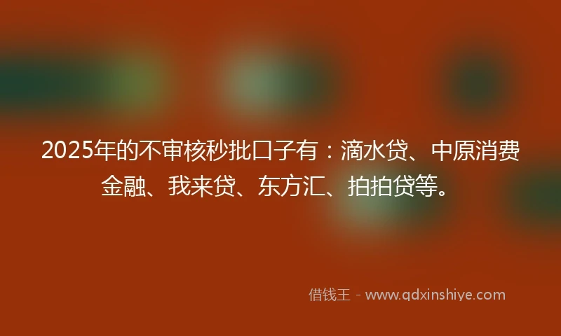 2025年的不审核秒批口子有：滴水贷、中原消费金融、我来贷、东方汇、拍拍贷等。