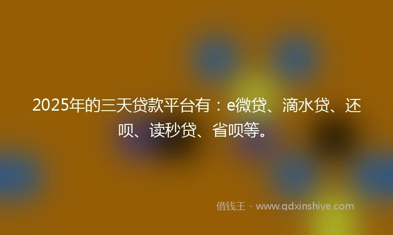 2025年的三天贷款平台有：e微贷、滴水贷、还呗、读秒贷、省呗等。